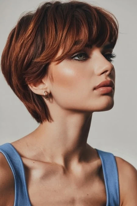 Vibrant red-haired woman with flawless makeup and natural glow, styled in a blue tank top, showcasing beauty and skincare elegance, perfect for beauty, hair, and makeup inspiration.