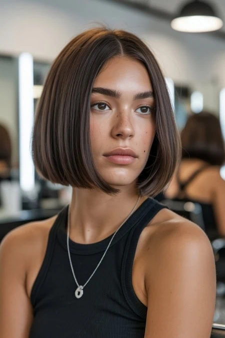 Natural young woman with sleek bob haircut, flawless skin, and subtle makeup, in a modern beauty salon setting, showcasing hair and skincare beauty treatments.