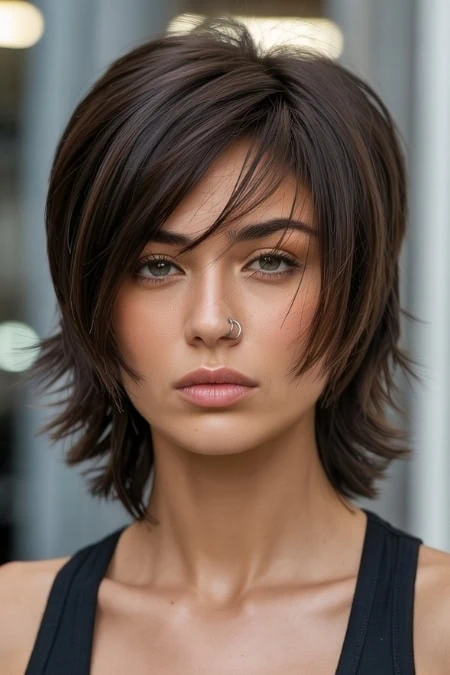 Trendy brunette woman with a stylish cut, piercing blue eyes, and nose ring, showcasing modern beauty and hair fashion in an urban setting.