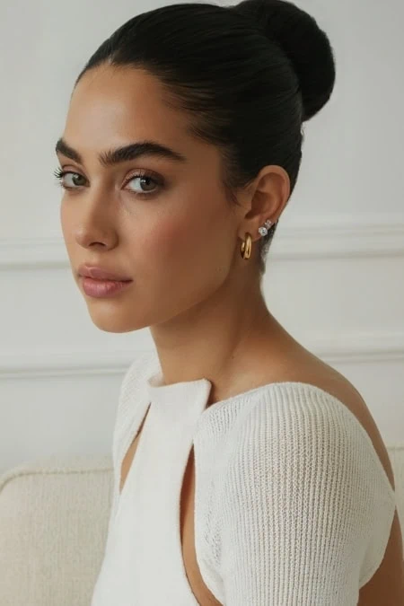 Elegant woman with flawless skin, dark hair in a sleek bun, and gold jewelry, showcasing beauty and skincare essentials on TheBeautyDeepLife.com for radiant look and self-care tips.