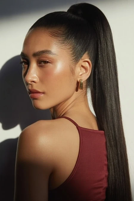 Silhouette of a confident woman with sleek, high ponytail hairstyle and glowing skin, promoting beauty and haircare tips on The Beauty Deep Life website.