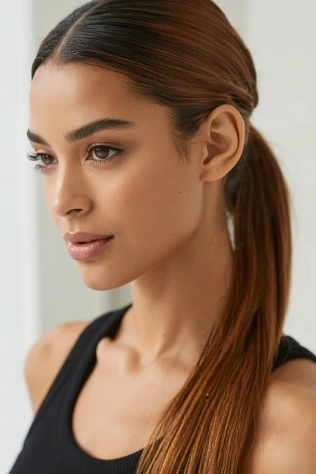 Vibrant young woman with flawless skin and natural makeup, in a fitness setting, promoting beauty, skincare, and wellness tips from The Beauty Deep Life.