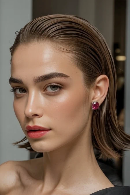 Striking young woman with sleek, wet hairstyle showcasing modern beauty and skincare elegance. Perfect for beauty tutorials, skincare, and makeup inspiration at The Beauty Deep Life.