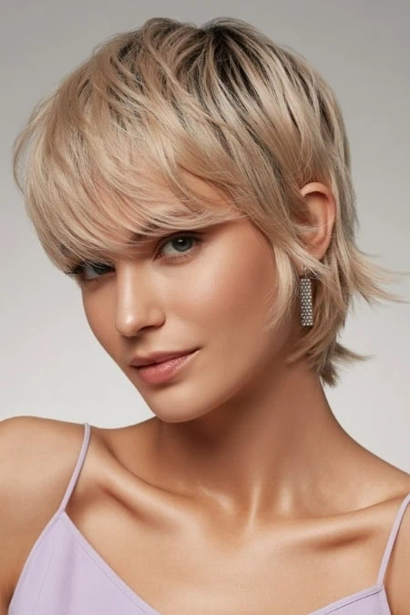 Blonde woman with a stylish layered bob haircut, wearing elegant drop earrings, showcasing perfect hair and makeup for beauty and fashion photography.