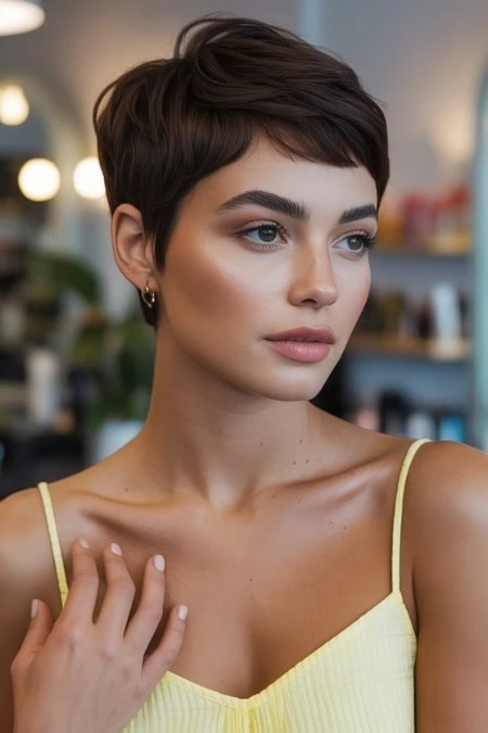 Stylish young woman with short pixie haircut and flawless makeup, in a beauty salon setting, showcasing modern hair and beauty trends for healthy, radiant skin and trendy hairstyles.