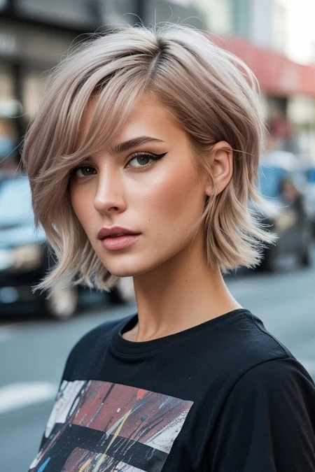 Silvery blonde bob haircut on a young woman with makeup styled for urban street fashion, outdoor city background, fashionable look, perfect for beauty and fashion blog imagery.