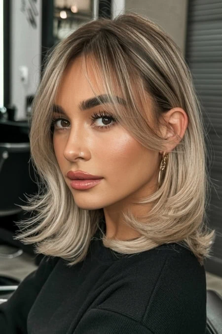 Blonde layered bob hairstyle with subtle highlights, perfect for a chic and modern look, styled on a young woman with flawless skin, in a professional salon setting.