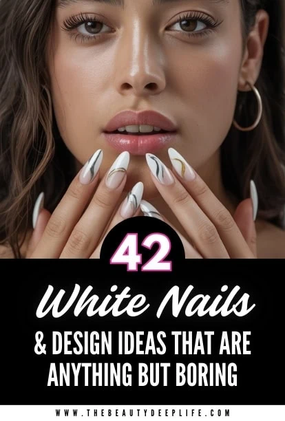 1. Close-up of a woman with white manicured nails featuring artistic black and gold designs, showcasing nail art trends and beauty tips.