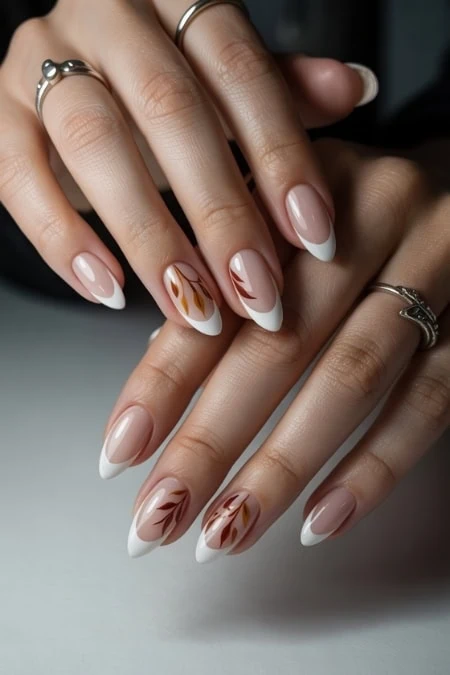 Elegant manicure with white French tips and artistic marble accents on almond-shaped nails, showcasing modern nail art design for beauty and style.