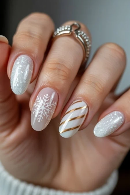 Elegant winter-themed gel nail art with snowflake and gold striped designs, perfect for holiday celebrations and festive occasions, showcasing professional nail art for a stylish winter look.