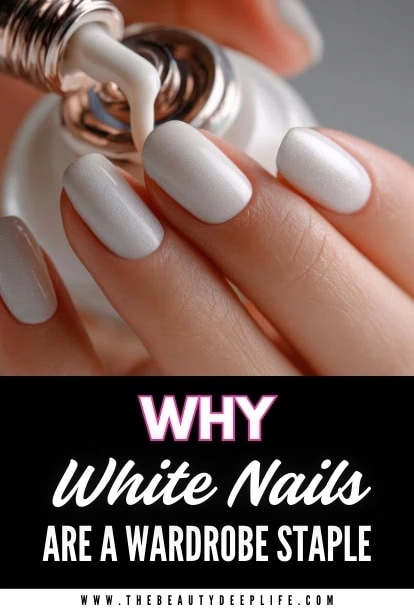 White gel nail polish being applied to manicured fingernails, close-up view, with a focus on nail beauty and elegance.