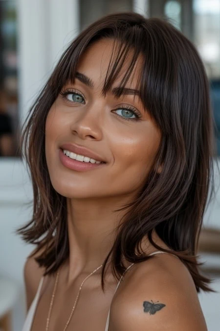 Young woman with smooth skin, eye makeup, and a butterfly tattoo on her shoulder, showcasing natural beauty and modern skincare and beauty trends for the ultimate confidence and self-care.