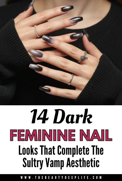 Dark feminine nails design with sleek, glossy finish showcasing modern, stylish manicure ideas for a sultry, vamp aesthetic. Perfect for bold, sophisticated sultry makeup looks.