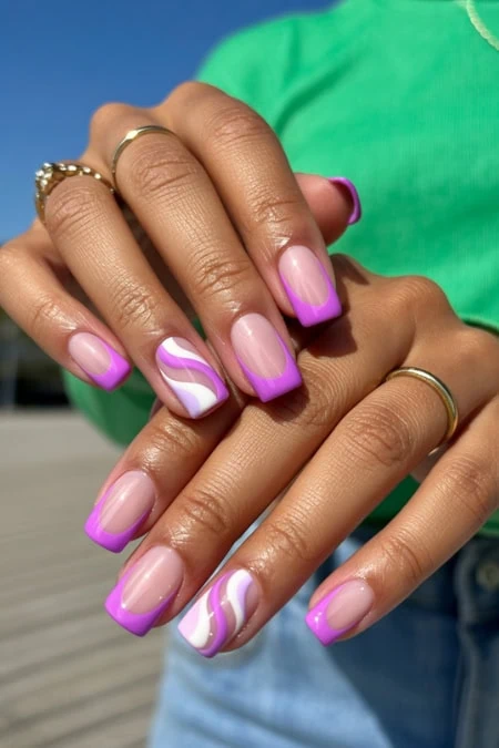 Elegant lavender and white ombre nail art with swirl design, perfect for beauty and fashion enthusiasts, showcasing professional manicure, on beautifully manicured hands.