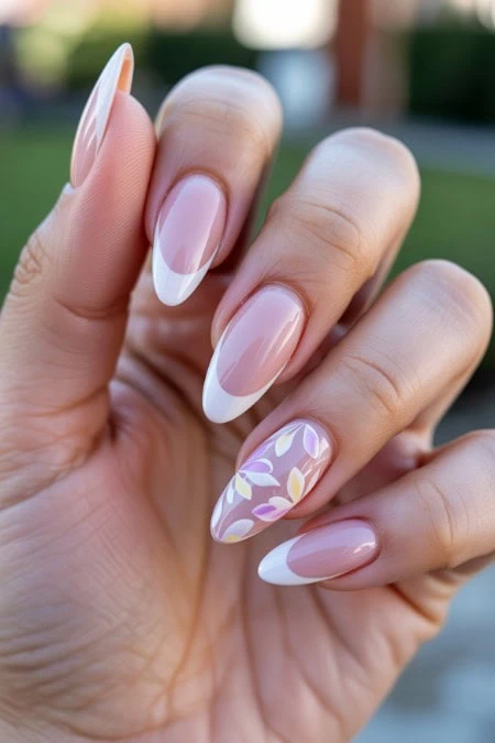 hand with white french tips and a floral spring nail design