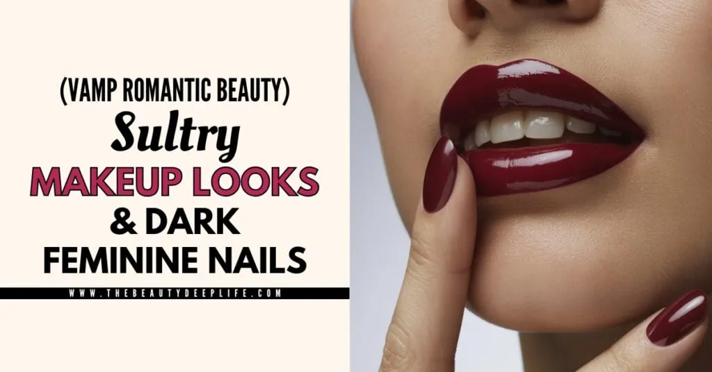Vamp romantic beauty with dark, sultry makeup and feminine dark nail polish, featuring bold deep red lipstick and manicured nails, perfect for a captivating and alluring look.