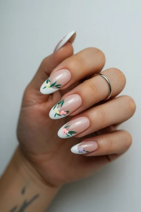 Delicate floral nail art with pastel pink, purple, and green accents on elegant almond-shaped nails, showcasing creative and trendy manicure design.