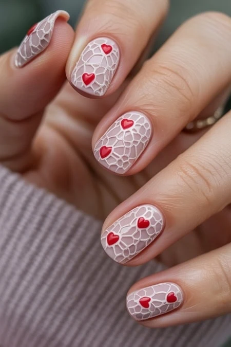 Intricate lace nail art with red heart accents on manicured nails, perfect for Valentine's Day, showcasing creative nail design and beauty trends.
