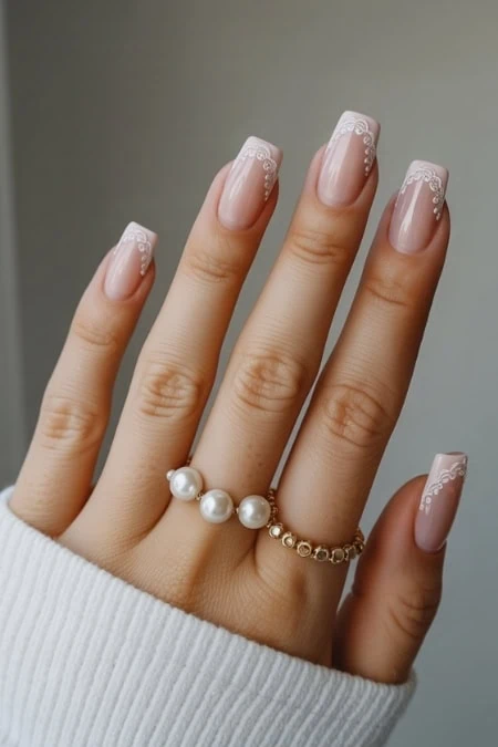 Elegant nude nail art with white lace detailing, manicured for a sophisticated look, featuring stylish pearl and gold rings, perfect for a beauty and fashion aesthetic.