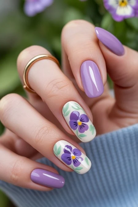Vivid purple and floral nail art with pastel colors, showcasing trendy manicure design for beauty and nail care.