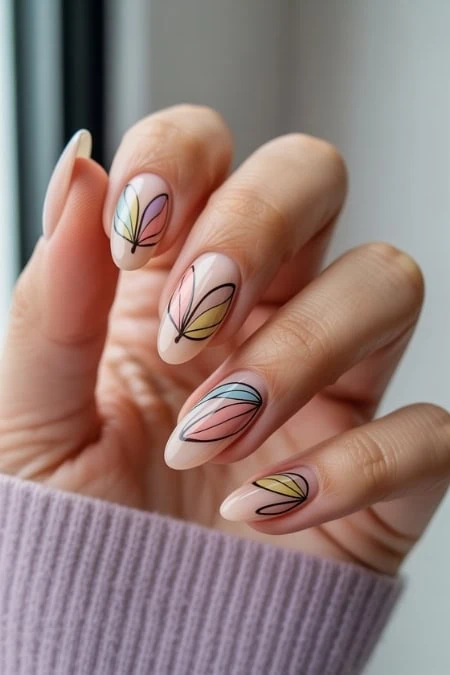 Colorful leaf nail art design with pastel shades on manicured nails, showcasing trendy and creative nail fashion, perfect for summer and spring beauty inspiration.