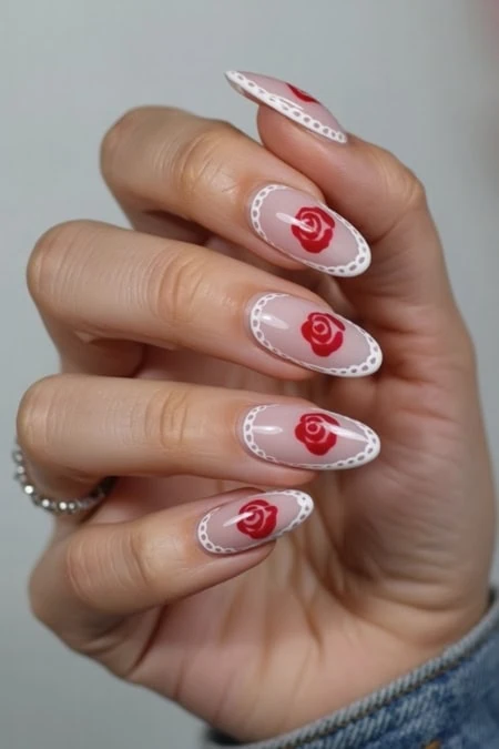 Elegant floral nail art with red roses and white lace details, perfect for spring or special occasions, showcasing creative nail design ideas for a chic and feminine look.