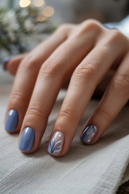 Elegant blue and white manicure with with floral design on manicured nails for a sophisticated look. Perfect for beauty, salon, and manicure enthusiasts seeking stylish nail inspiration.