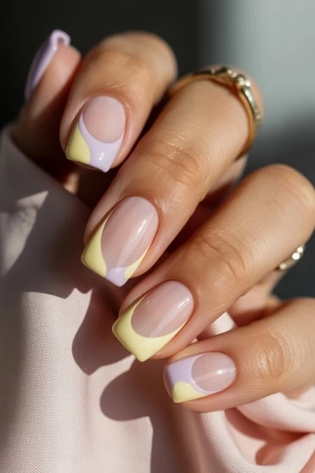 Vibrant pastel French manicure with yellow and lavender tips on well-manicured nails, showcasing stylish nail art for a trendy, youthful look at The Beauty Deep Life.