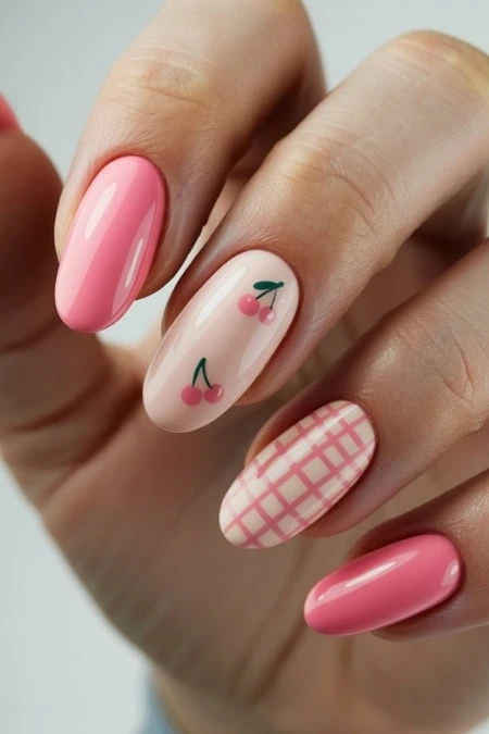 Pink and cherry nail art with checkered accent nails, perfect for summer or spring fashion. Creative, stylish manicure showcasing trendy nail design ideas for women.