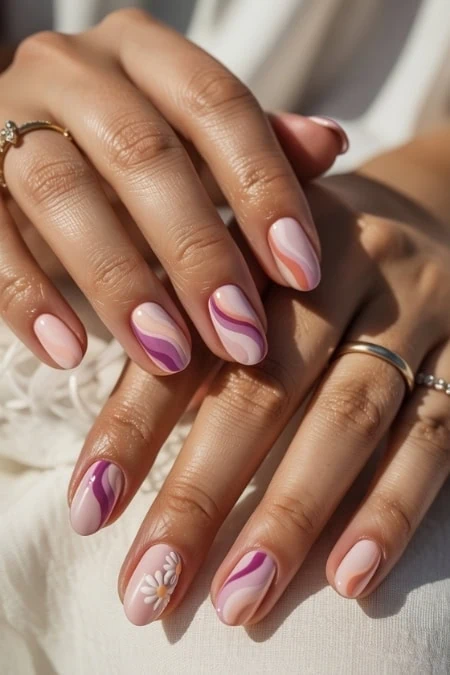 Colorful marble nail art with floral accent on manicured hands, showcasing creative design and perfect manicure for beauty and fashion enthusiasts.