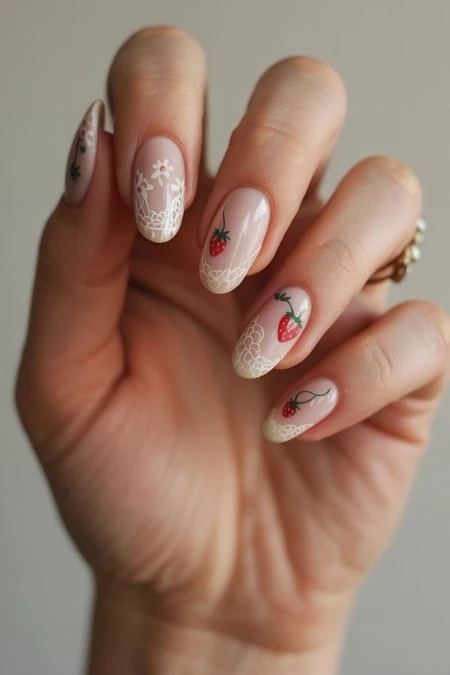 Delicate strawberry-themed floral nail art with intricate lace details on natural nails, perfect for summer and spring beauty looks.