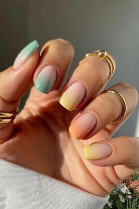 Pastel ombre gel manicured nails featuring mint green, soft yellow, peach, and beige tones with gold rings for elegant nail art and beauty.