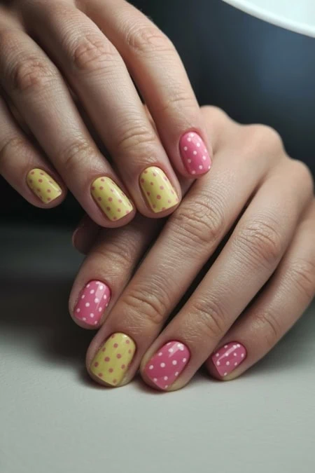 Bright pink and yellow polka dot nail art on manicured hands, showcasing creative and stylish spring nail designs. Perfect for a fresh, colorful look, ideal for beauty and nail care enthusiasts.