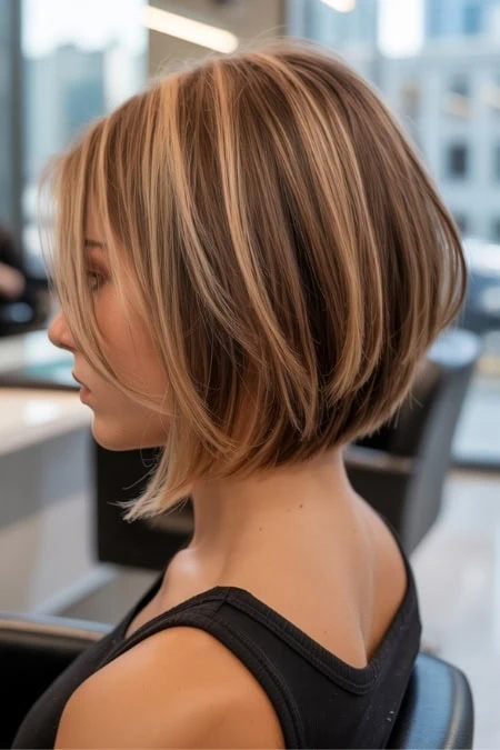 A stylish bob haircut featuring layered, textured hair with highlights, perfect for a modern, trendy hair color idea for brunettes look. Ideal for women seeking a fresh hairstyle update and professional salon services.