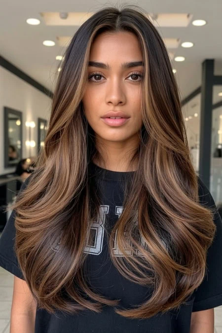 Beautiful woman with voluminous, shiny brown hair featuring subtle highlights, styled in soft waves. Perfect for showcasing hair extensions, coloring, or styling services in a modern salon setting.