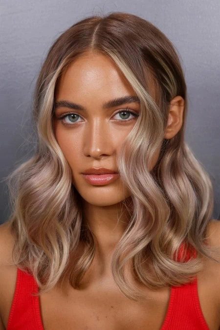 A stunning woman with a luminous example of hair color ideas for brunettes, wavy hair styled in loose curls, showcasing flawless skin and natural makeup, emphasizing beauty, hair care, and skincare tips from The Beauty Deep Life.