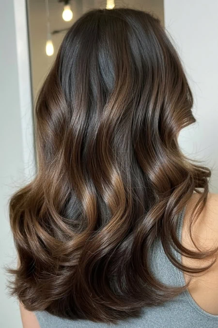 Glamorous brown wavy hair with shiny, well-defined curls, perfect for hair color ideas for brunettes.