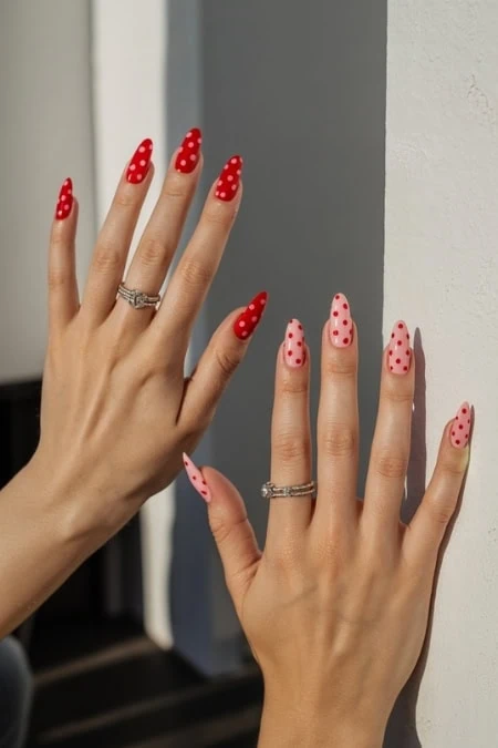 Bright red and pink polka dot manicured nails with rings, showcasing trendy nail art on well-groomed hands. Perfect for beauty and fashion enthusiasts seeking stylish nail designs and manicure inspiration.