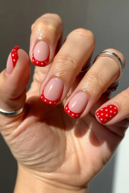 Polished nails with red and white polka dot French tips, manicured for a stylish and chic look. Perfect for a fun, casual, or elegant occasion, showcasing creative nail art and attention to detail.