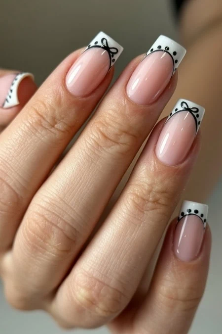 Elegant French manicure with decorative black bow and dotted accents on the white tips, featuring a glossy finish for a chic and sophisticated look.