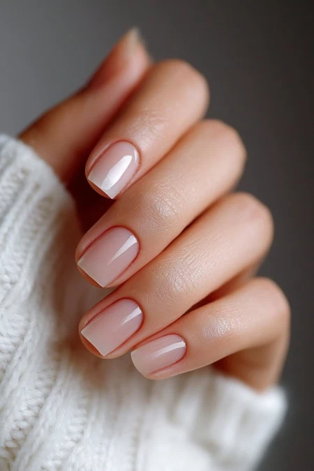 Elegant nude manicure with clean, glossy finish on well-groomed nails, perfect for beauty and self-care routines.