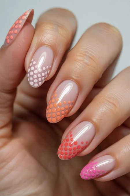 Vibrant orange, pink, and coral polka dot nail art on almond-shaped nails with a nude base, perfect for trendy, fashionable manicure looks and nail beauty inspiration.
