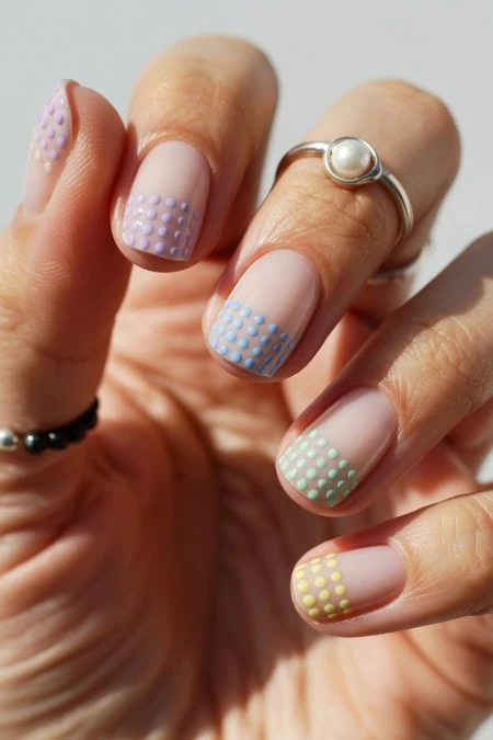 Vibrant pastel polka dot nail art with soft neutral base, stylish manicure for spring or summer, perfect for nail art enthusiasts and beauty lovers.