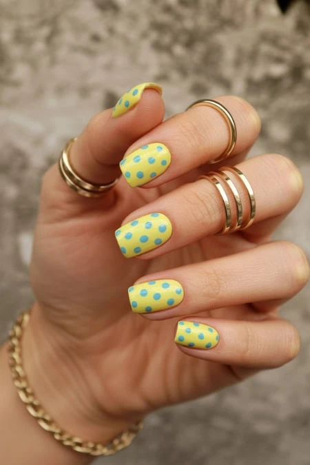 Bright yellow nail polish with blue polka dots on manicured nails, accessorized with gold rings and bracelet, showcasing trendy nail art and jewelry for a stylish, fashionable look.