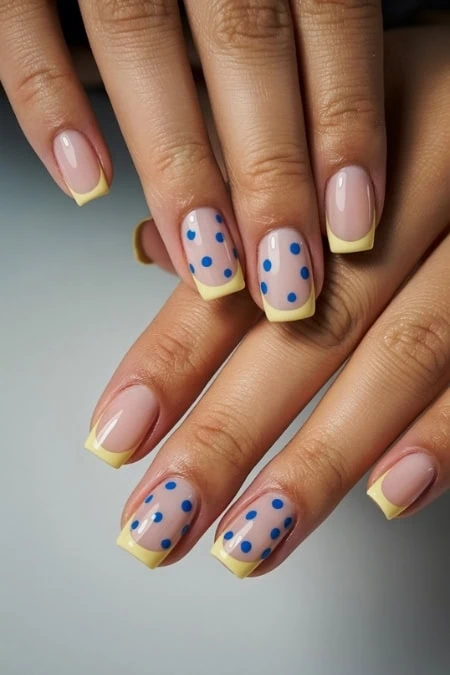 Elegant French manicure with yellow tips and playful blue polka dots on accent nails, showcasing trendy nail art design perfect for stylish women.