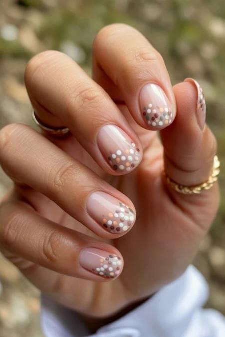 Colorful polka dot nail art on well-manicured fingernails, perfect for spring and summer style. Trendy manicure featuring design elements for a vibrant, stylish look.