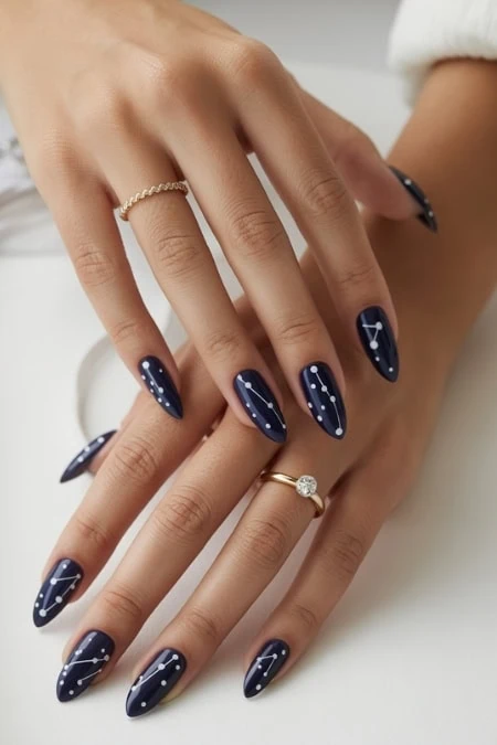 Elegant navy blue manicure with white constellation nail art, featuring gold rings and a minimalist aesthetic, perfect for celestial-inspired nail art lovers and beauty enthusiasts.