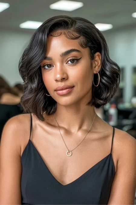 Portrait of a confident woman with flawless skin, modern hair color idea for brunettes.