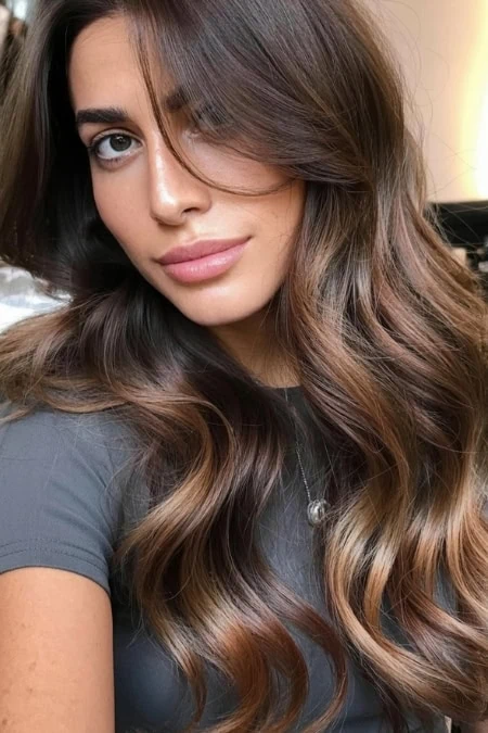 Beautiful woman with long, wavy, layered hair featuring rich, warm caramel and chestnut highlights, showcasing stunning hair color ideas for brunettes.