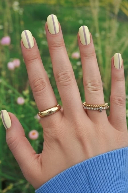 Vibrant yellow and white striped manicure on well-manicured hand with gold and diamond rings, outdoor floral background.